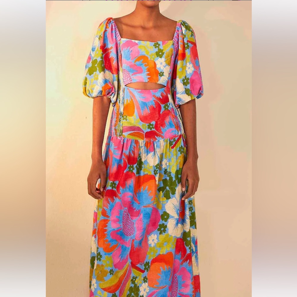 Farm Rio Dress square neck puff sleeve cutout